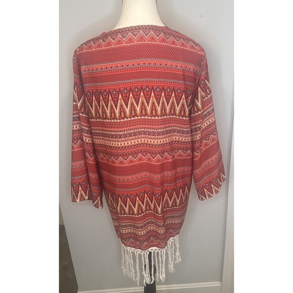 R Cinco Ranch Womens Southwest Western Red Patterned Sheer Open Front Cardigan S - Picture 3 of 6